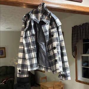 YMI Black and Cream Plaid Pea Coat